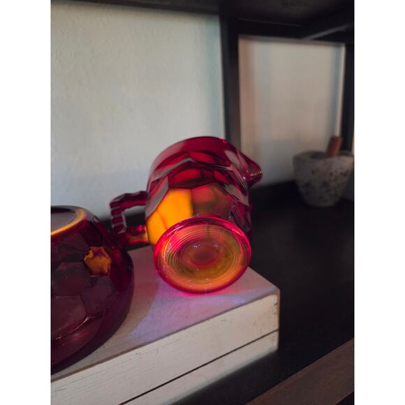 Viking Amberina Georgian Ruby Red Creamer & Open Bowl Sugar Set Vintage Glass - Picture 9 of 9